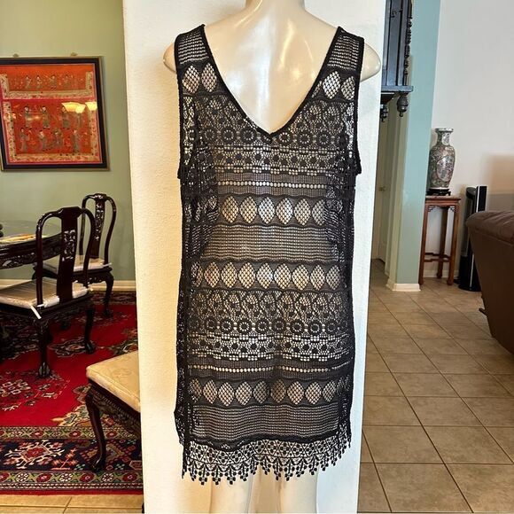 OP BLACK CROCHET LACE PULLOVER SLEEVELESS BEACH COVER UP XL (15-17) SEETHROUGH - Picture 4 of 10